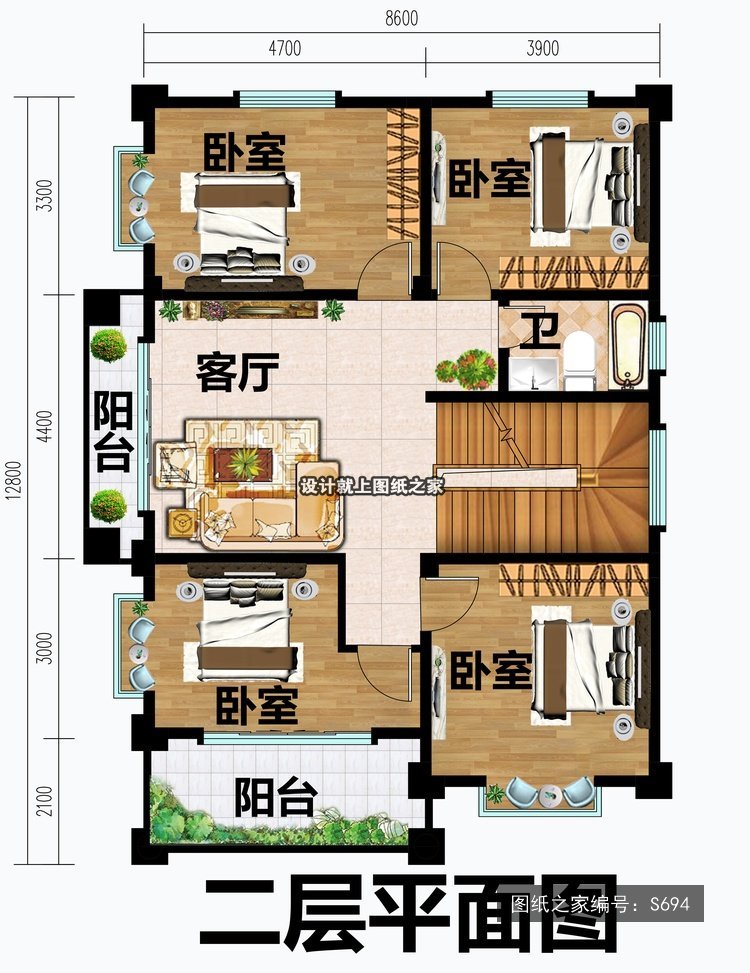 开间8.6米进深12.8米三层欧式风带露台带阳台 2层户型图