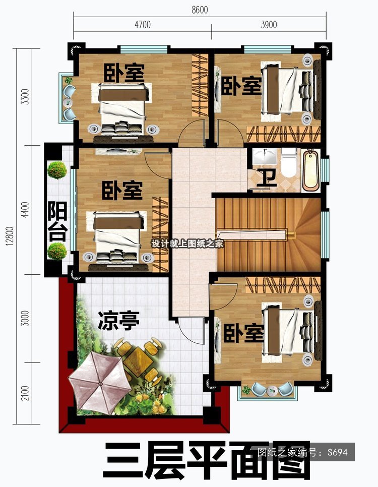 开间8.6米进深12.8米三层欧式风带露台带阳台 3层户型图