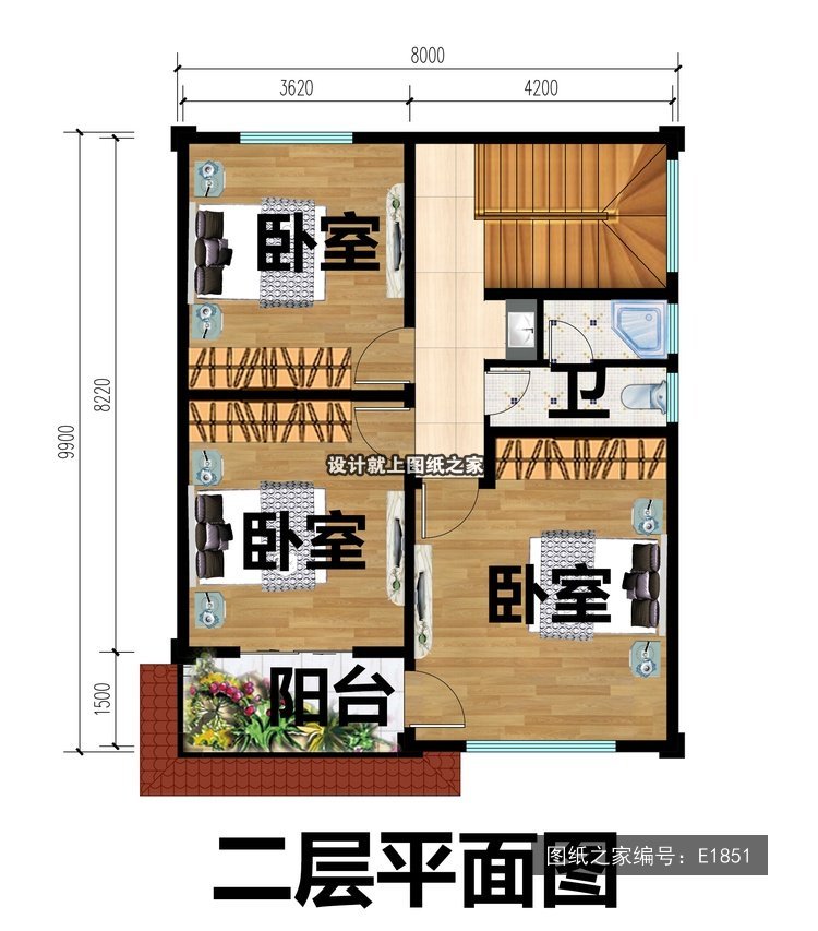 开间8米进深9.9米二层简欧风带阳台 2层户型图