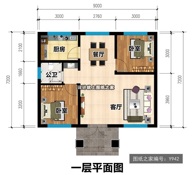 开间8.76米进深8.305米一层新中式带罗马柱无配房 1层户型图