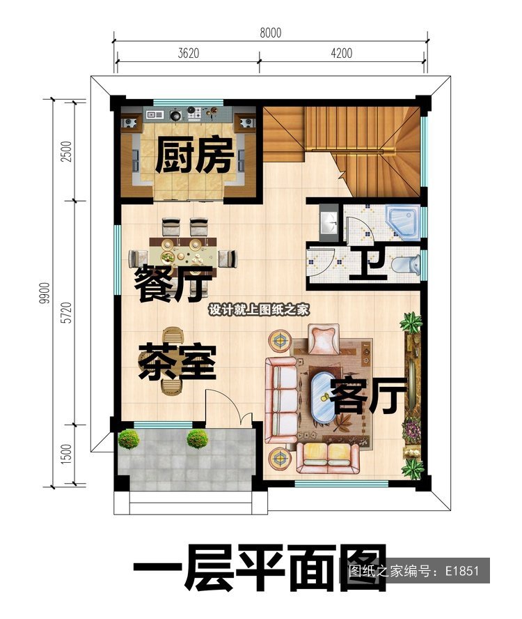 开间8米进深9.9米二层简欧风带阳台 1层户型图