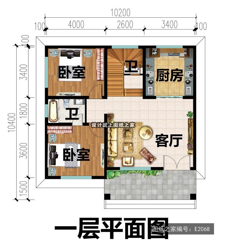 开间10.2米进深10.4米二层简欧风大露台无罗马柱 1层户型图