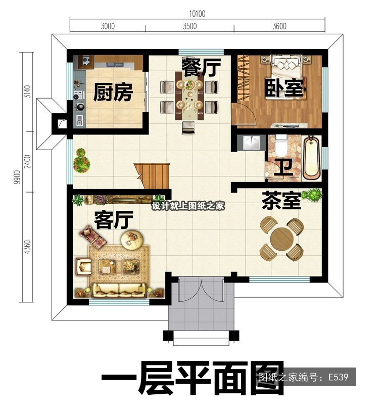 开间10.1米进深9.9米二层简欧风带露台 1层户型图