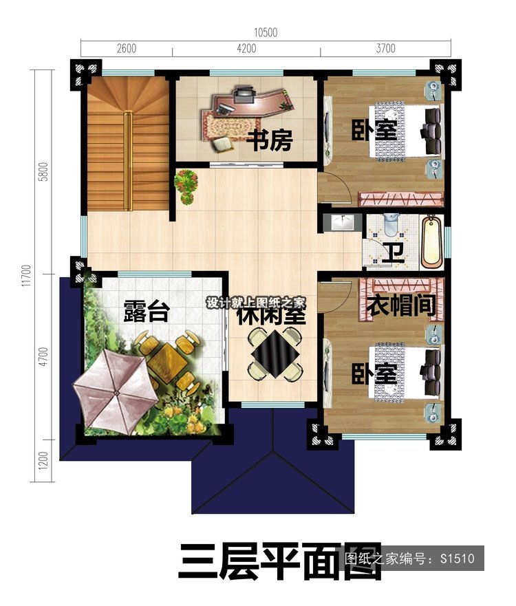 开间10.5米进深11.7米三层简欧风带阳台带露台 3层户型图