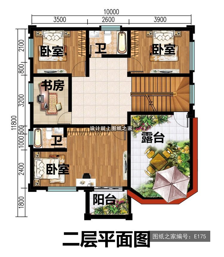 开间10米进深11.8米二层简欧风大露台 2层户型图