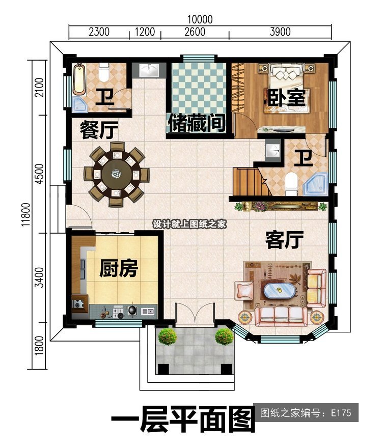开间10米进深11.8米二层简欧风大露台 1层户型图