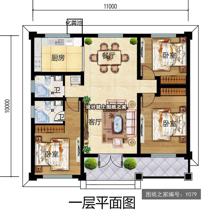 开间11米进深10米一层简欧风带阳台 1层户型图