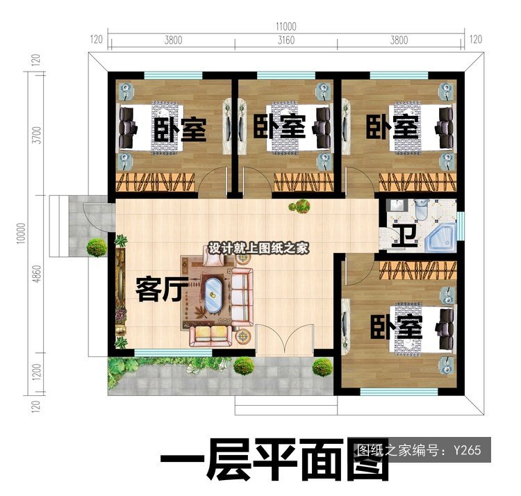开间11米进深10米一层经济型没厨房无厨房 1层户型图