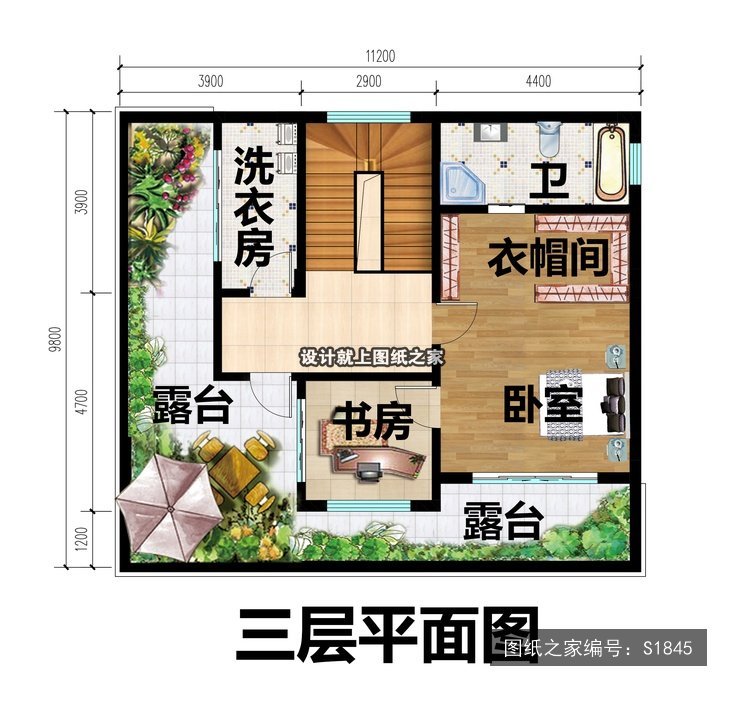 开间11.2米进深9.8米三层现代风带露台大露台 3层户型图