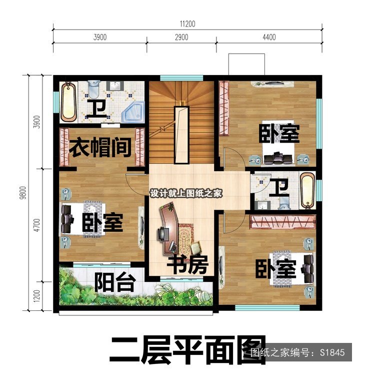 开间11.2米进深9.8米三层现代风带露台大露台 2层户型图