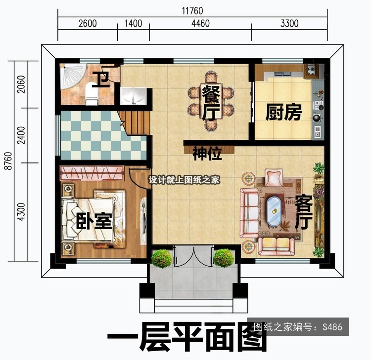 开间11.76米进深8.76米三层简欧风带露台带阳台 1层户型图