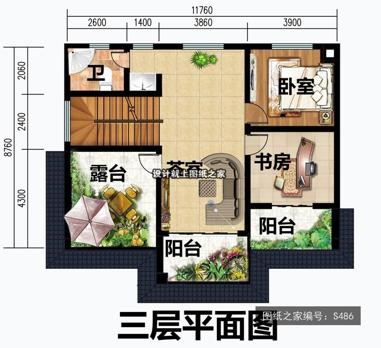 开间11.76米进深8.76米三层简欧风带露台带阳台 4层户型图