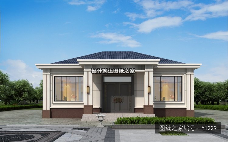 开间12.1米进深9米一层新中式平屋顶带衣帽间 效果图