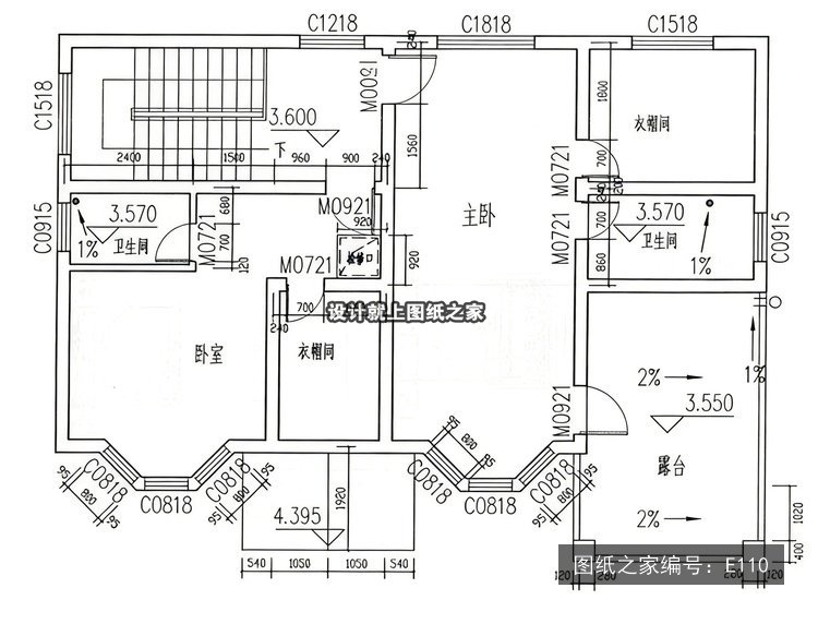 开间12.9米进深8.2米二层简欧风带车库带阳台 2层户型图