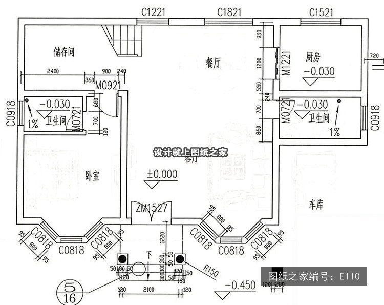 开间12.9米进深8.2米二层简欧风带车库带阳台 1层户型图