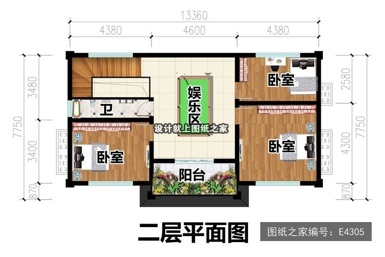 开间13.36米进深7.75米二层现代风小进深平屋顶 2层户型图