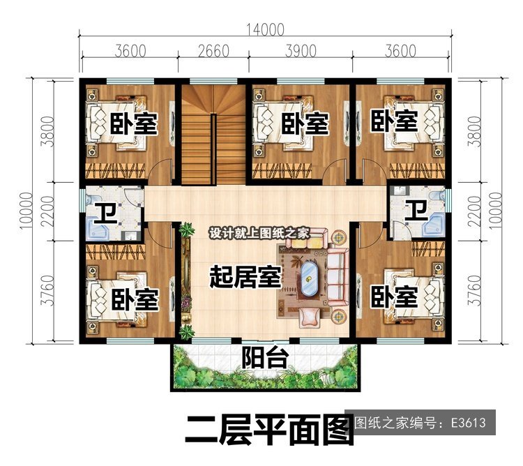 开间14米进深10米二层简欧风带阳台 2层户型图