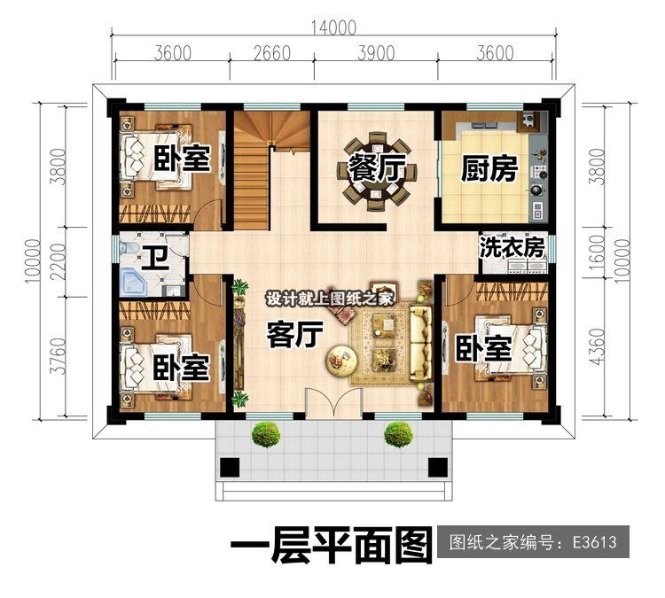 开间14米进深10米二层简欧风带阳台 1层户型图