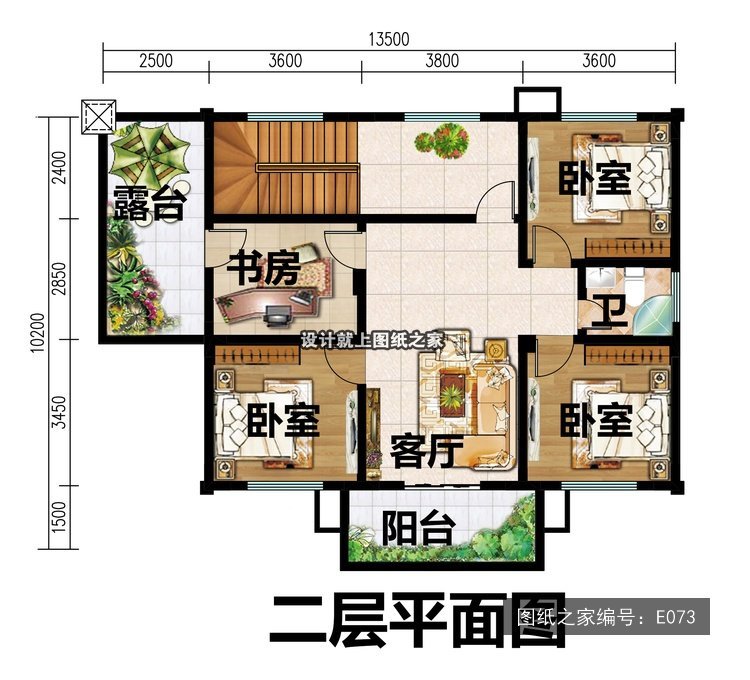 开间13.5米进深10.2米二层简欧风带配房带阳台 2层户型图