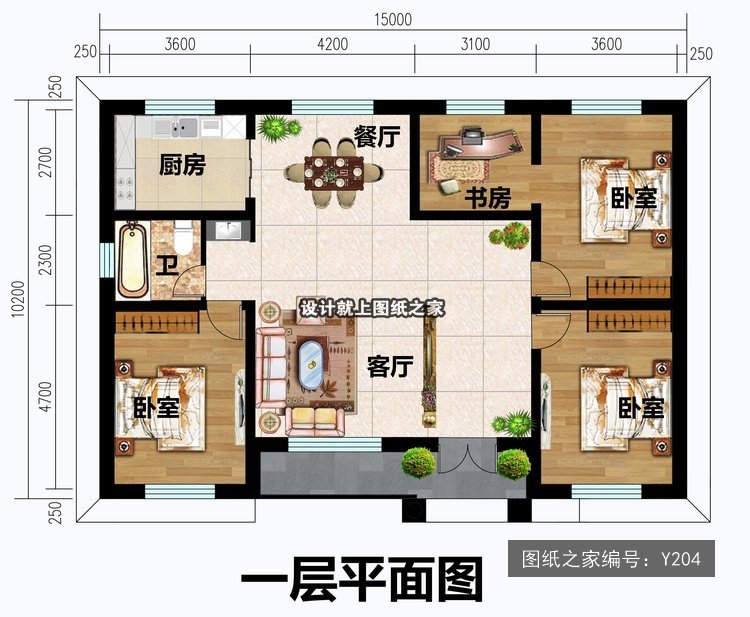 开间15米进深10.2米一层简欧风带罗马柱 1层户型图