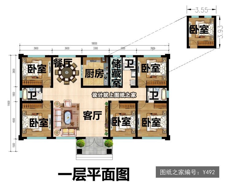 开间18米进深11.6米一层简欧风平屋顶带车库 1层户型图