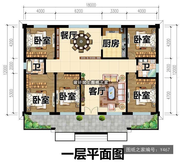开间18米进深12米一层新中式官帽房无罗马柱 1层户型图