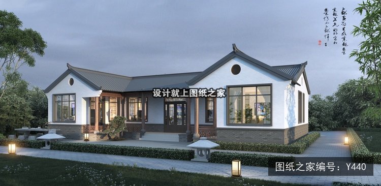 开间18米进深11.5米一层新中式带露台 效果图
