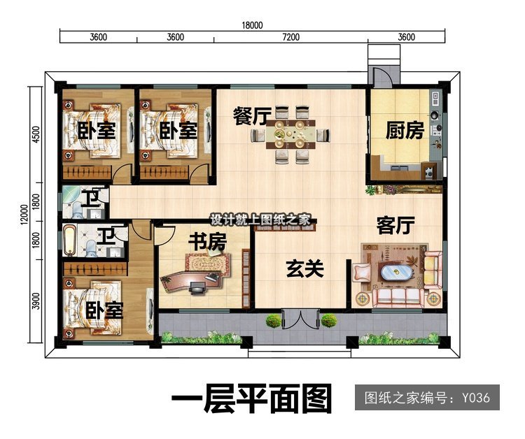 开间18米进深12米一层简欧风带阳台 1层户型图