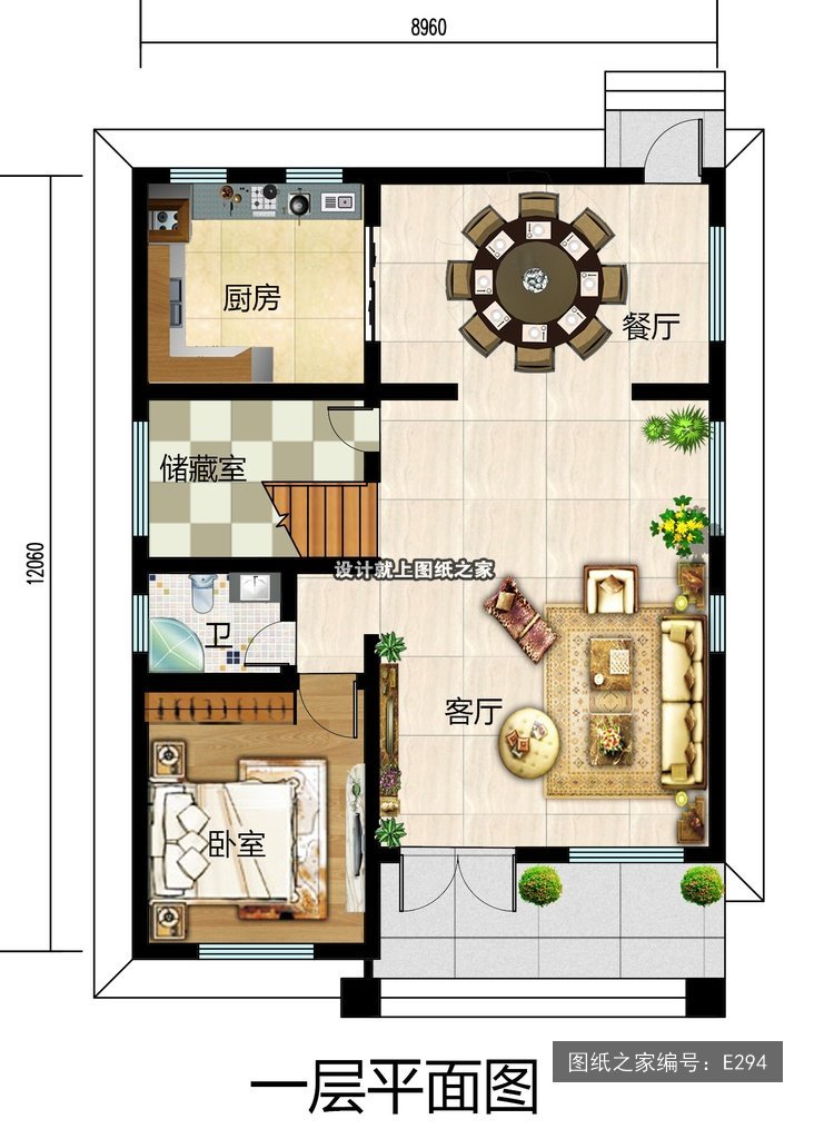 开间8.96米进深12.06米二层新中式带阳台 1层户型图