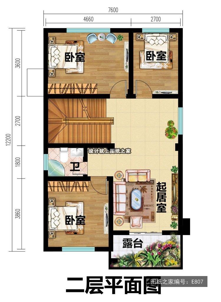 开间7.6米进深12.2米二层新中式带露台无罗马柱 2层户型图