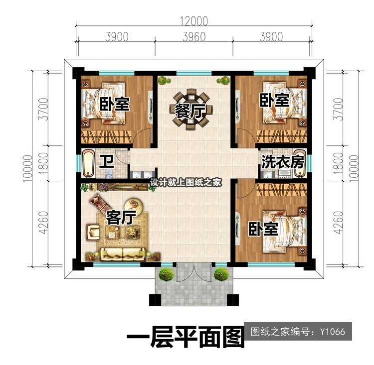 开间12米进深10米一层简欧风没厨房无罗马柱 1层户型图