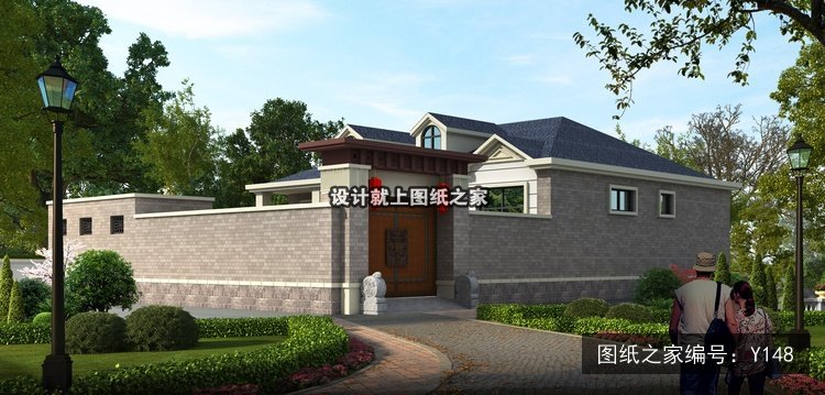 开间13.01米进深10.5米一层新中式带配房无罗马柱 效果图