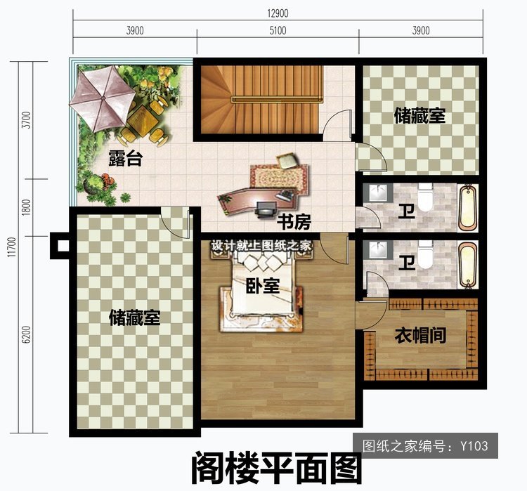 开间12.9米进深11.7米一层简欧风带阳台 2层户型图