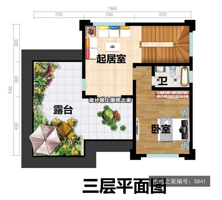 开间11.66米进深9.76米三层简欧风带车库带露台 3层户型图