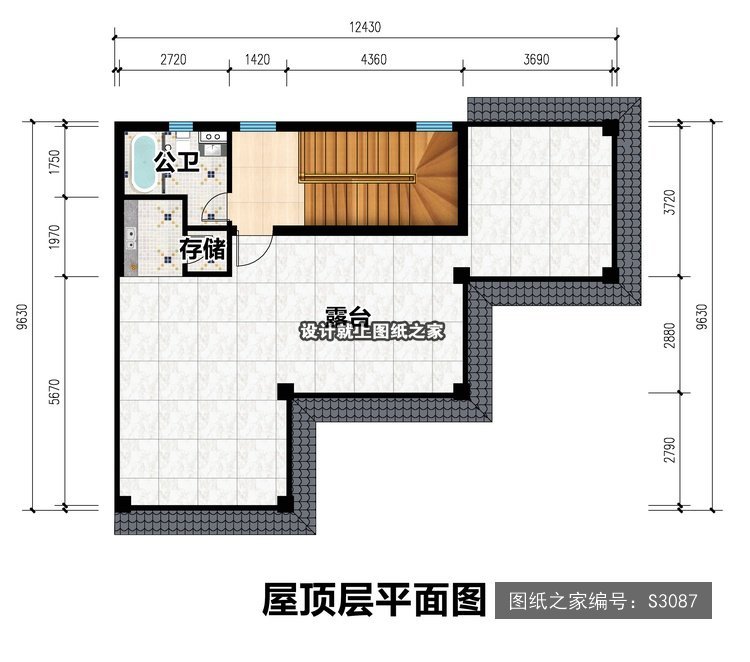 开间12.43米进深9.63米三层简欧风带露台 4层户型图