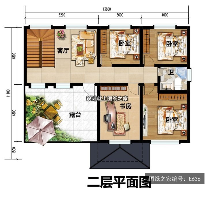 开间13.8米进深11.1米二层现代风带阳台大露台 2层户型图
