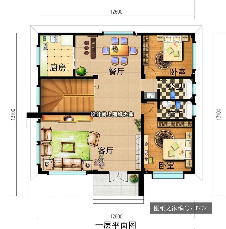开间12.6米进深13.1米二层现代风平屋顶带露台 1层户型图