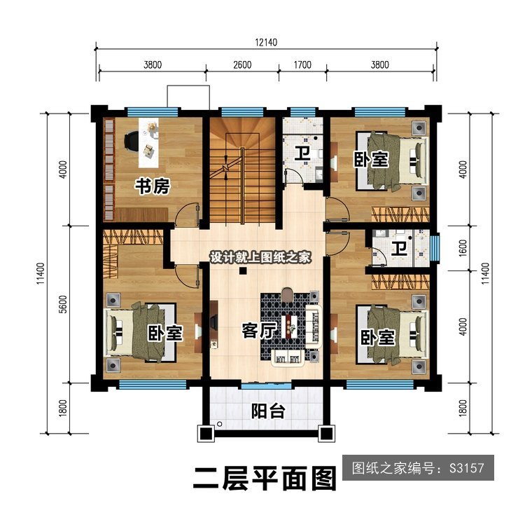 开间12.14米进深11.4米三层新中式带露台带阳台 2层户型图