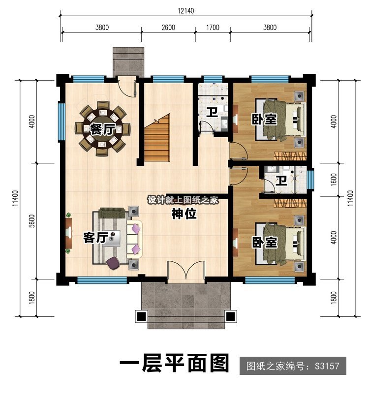 开间12.14米进深11.4米三层新中式带露台带阳台 1层户型图