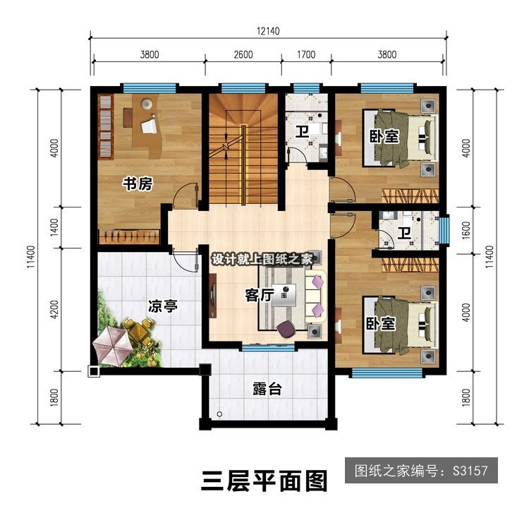 开间12.14米进深11.4米三层新中式带露台带阳台 3层户型图