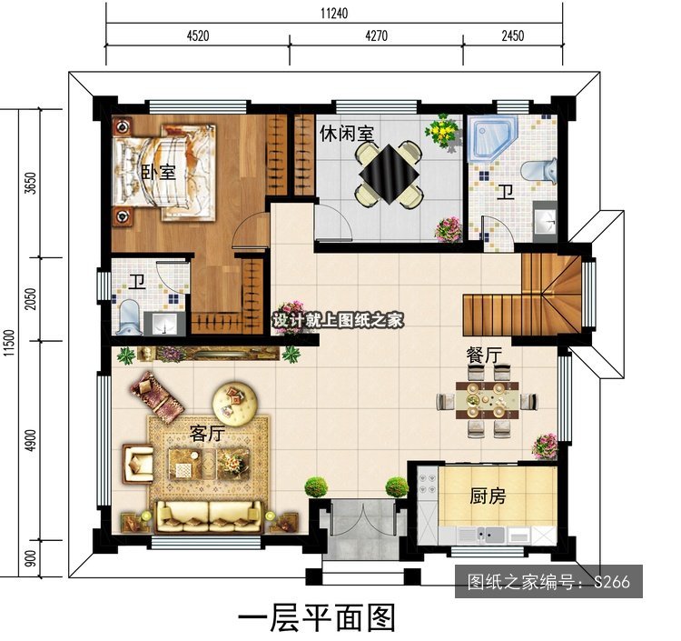 开间11.24米进深11.5米三层现代风带露台 1层户型图