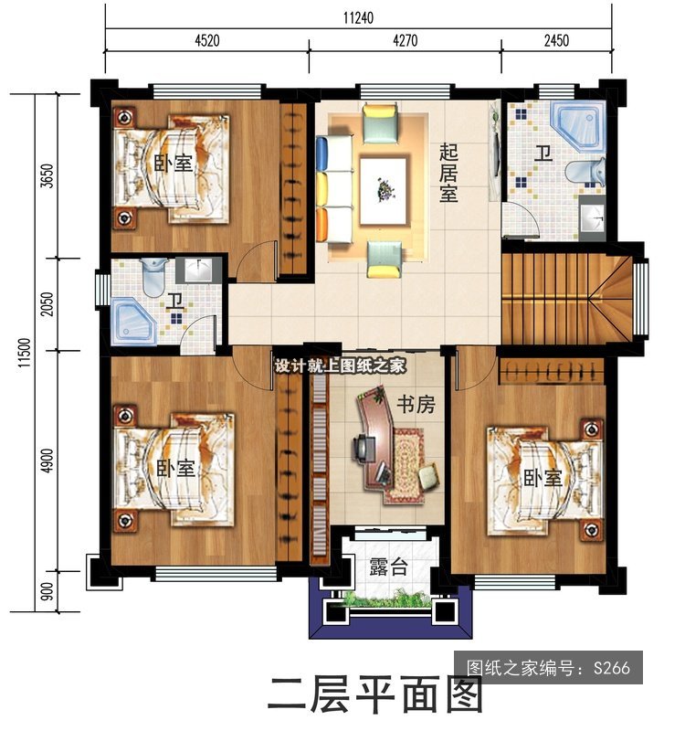 开间11.24米进深11.5米三层现代风带露台 2层户型图