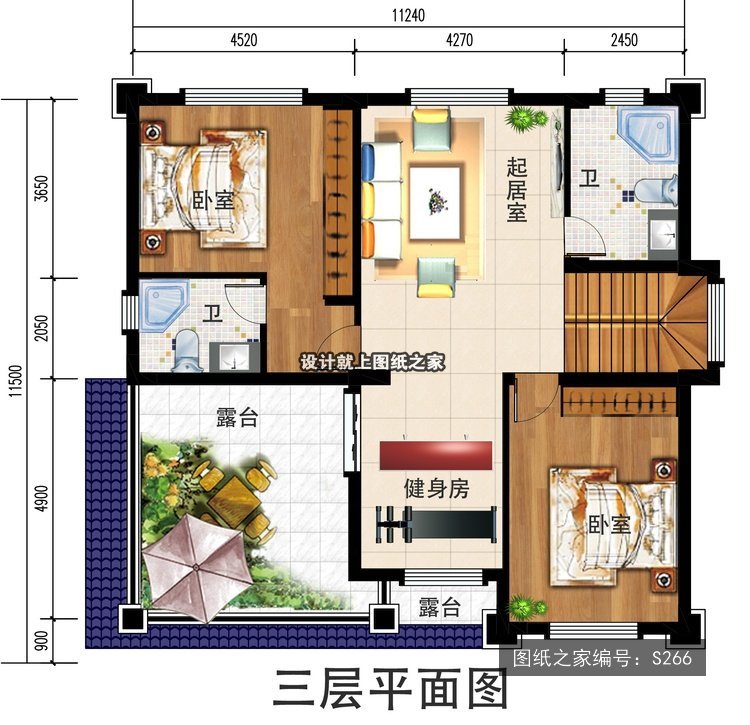 开间11.24米进深11.5米三层现代风带露台 3层户型图