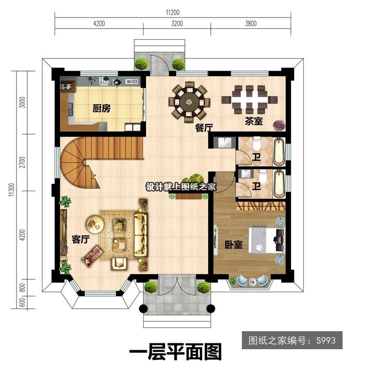 开间11.2米进深11.3米三层简欧风带阳台带露台 1层户型图
