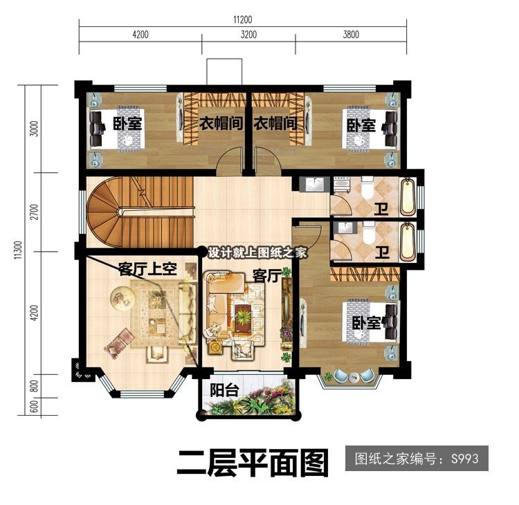 开间11.2米进深11.3米三层简欧风带阳台带露台 2层户型图