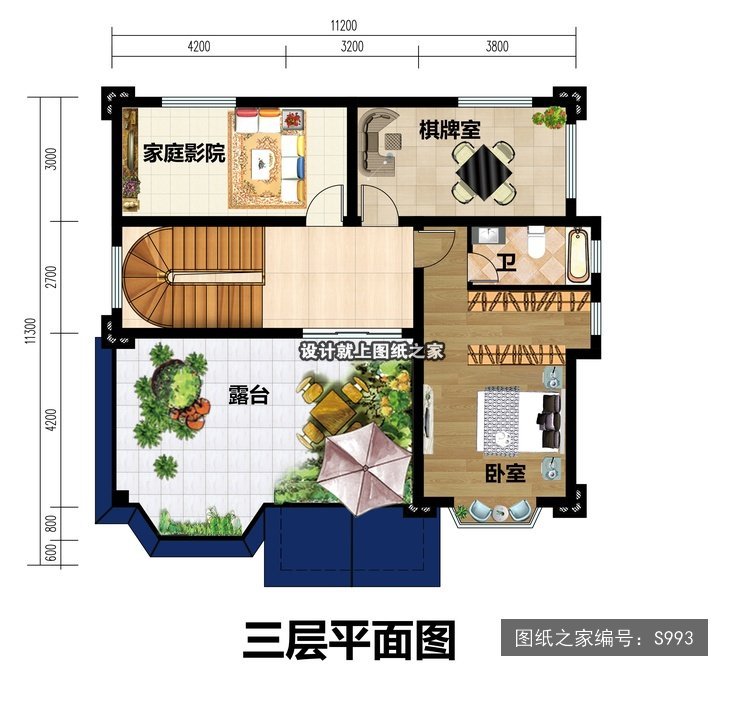 开间11.2米进深11.3米三层简欧风带阳台带露台 3层户型图