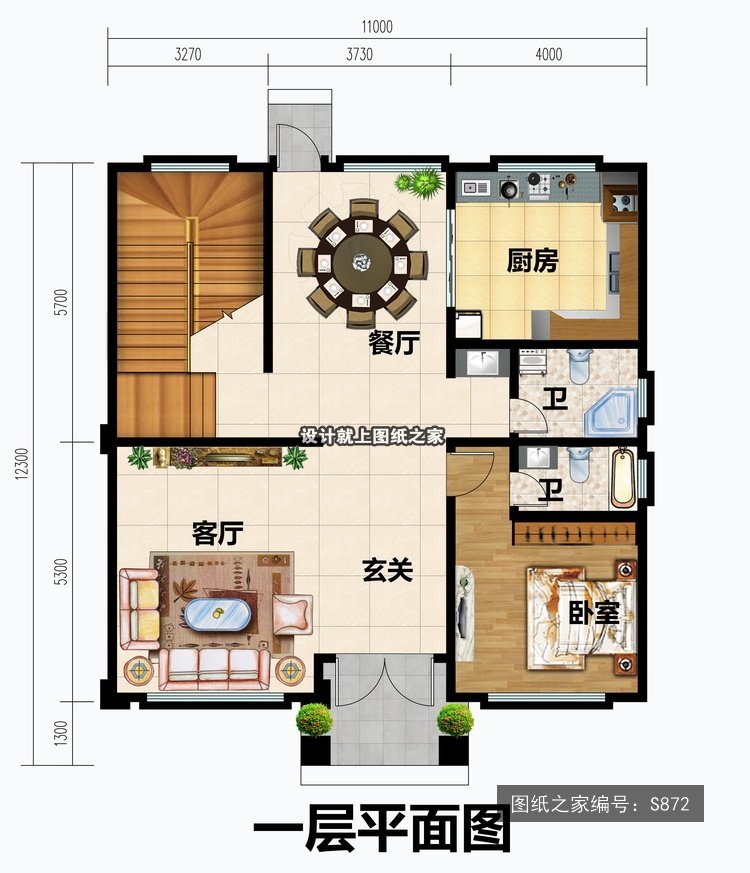 开间11米进深12.3米三层简欧风带车库带阳台 1层户型图