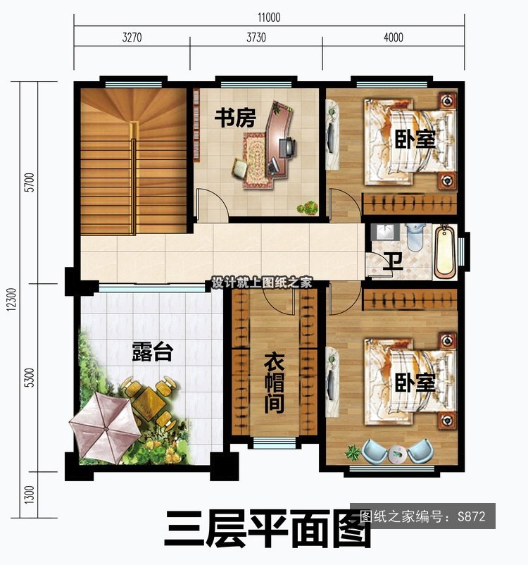 开间11米进深12.3米三层简欧风带车库带阳台 3层户型图