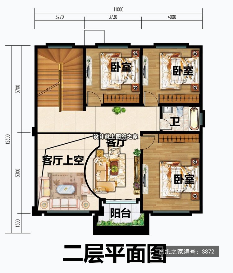 开间11米进深12.3米三层简欧风带车库带阳台 2层户型图