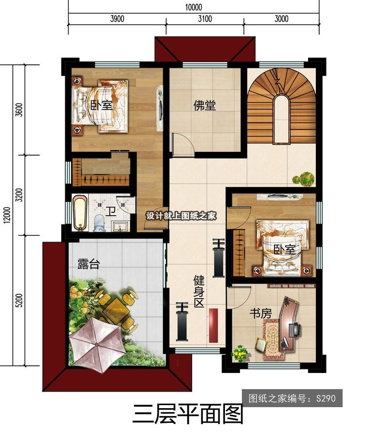开间10米进深12米三层欧式风带车库带阳台 3层户型图